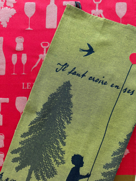 French Jacquard tea towel by Tissage Moutet "Red Balloon"