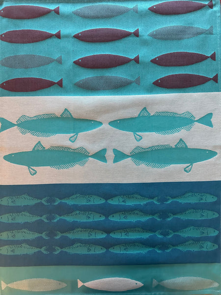 French Jacquard tea towel by Tissage Moutet "Poissons Bleus"
