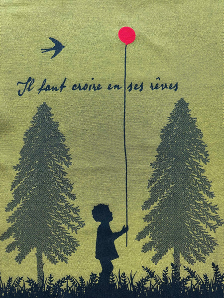 French Jacquard tea towel by Tissage Moutet "Red Balloon"