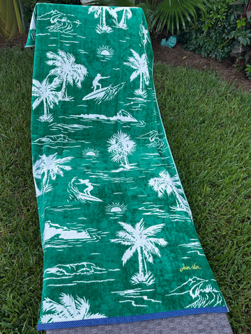 Luxury beach towel by Jean-Vier, "Emerald surfers"