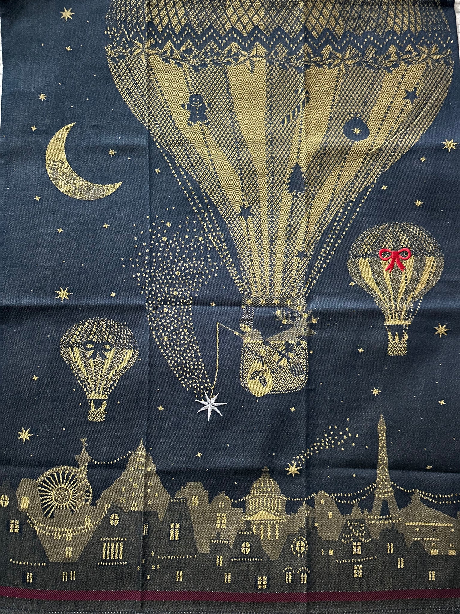 French Jacquard tea towel by Tissage Moutet "Montgolfieres" embroidered