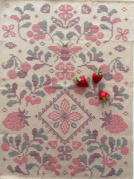 French Jacquard tea towel by Tissage Moutet "Strawberry Cross Stitch"