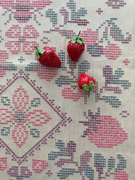 French Jacquard tea towel by Tissage Moutet "Strawberry Cross Stitch"