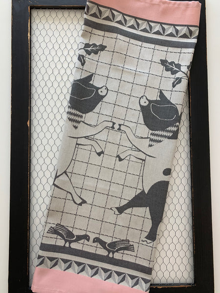 French Jacquard tea towel by Jean-Vier, "Cochons dansants"