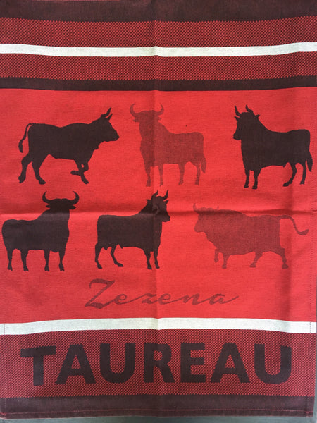 Small French Jacquard tea towel by Jean-Vier, "Taureau Rouge"