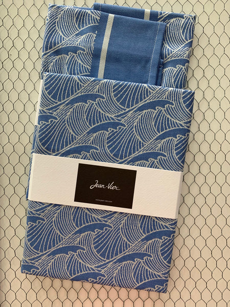 French Jacquard tea towel by Jean-Vier, "Vagues Bleues"